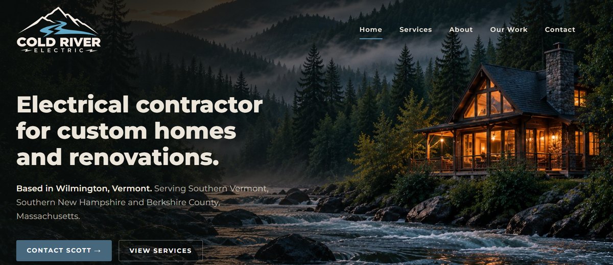 Homepage of the Cold River Electric website: a timber home lit at dusk beside a Vermont river