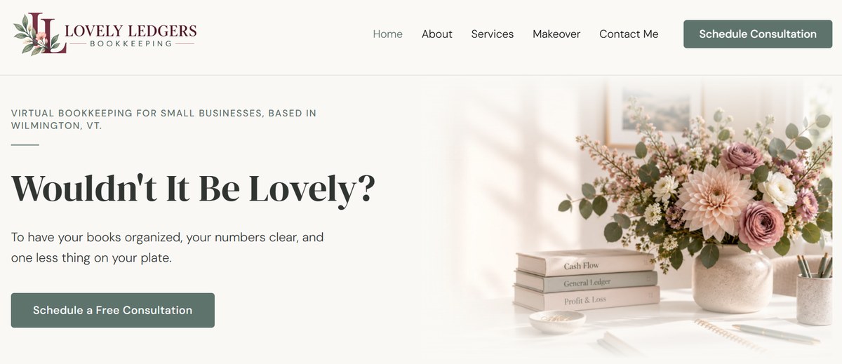 Homepage of Lovely Ledgers Bookkeeping: Wouldn't It Be Lovely? beside a vase of flowers and ledger books